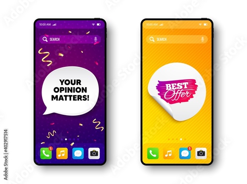 Best offer banner. Phone mockup vector confetti banner. Discount sticker shape. Sale coupon bubble icon. Social story post template. Your opinion matters speech buuble. Cell phone frame banner. Vector