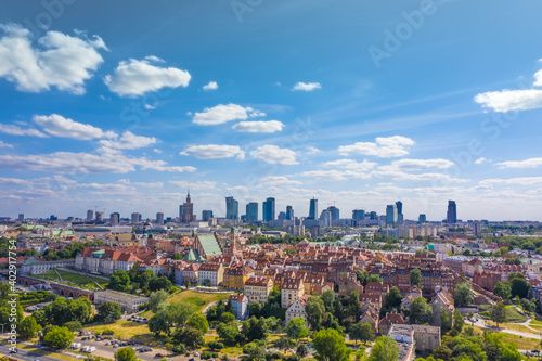 Aerial panorama of Warsaw, Poland over the Vistual river and City center in a distance