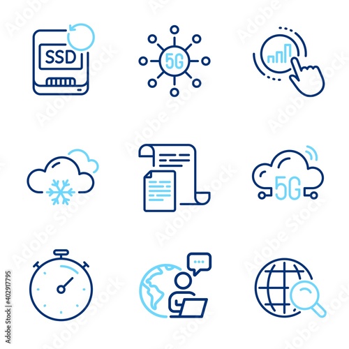 Science icons set. Included icon as Internet search, 5g cloud, Documents signs. Snow weather, Graph chart, Timer symbols. 5g technology, Recovery ssd line icons. Web finder, Wifi internet. Vector