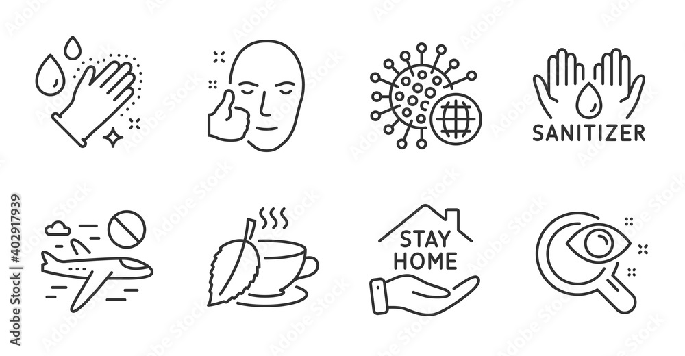 Washing hands, Vision test and Healthy face line icons set. Cancel flight, Coronavirus and Mint tea signs. Stay home, Hand sanitizer symbols. Gloves, Eyesight check, Healthy cosmetics. Vector