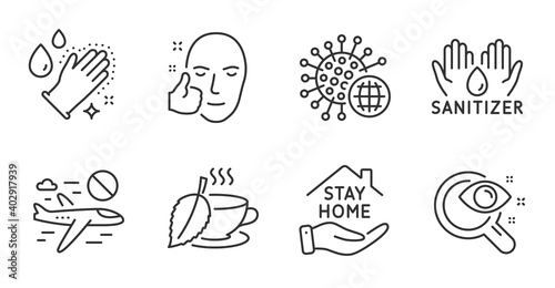 Washing hands, Vision test and Healthy face line icons set. Cancel flight, Coronavirus and Mint tea signs. Stay home, Hand sanitizer symbols. Gloves, Eyesight check, Healthy cosmetics. Vector