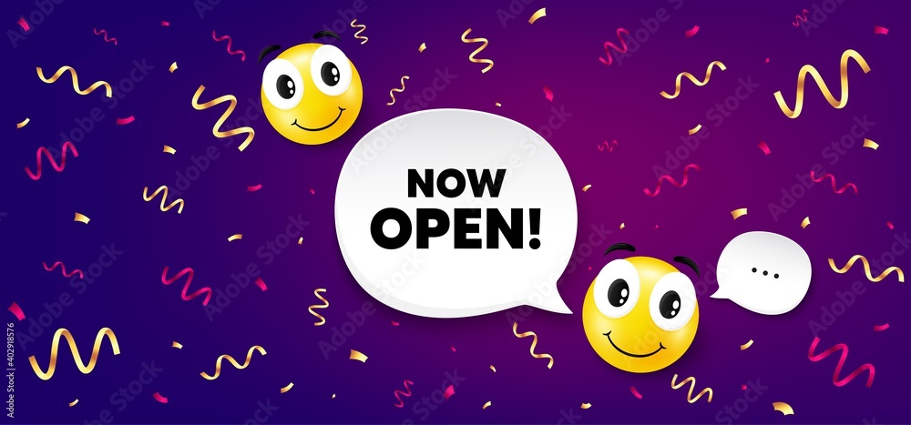 Naklejka premium Now open. Smile face with speech bubble. Promotion new business sign. Welcome advertising symbol. Smile character with confetti. Now open speech bubble icon. Yellow face background. Vector