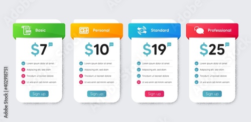 Technology icons set. Price table chart, business plan template. Included icon as Timer, Messenger, Payment card signs. Safe box flat icons. Stopwatch, Speech bubble, Agreement conditions. Vector