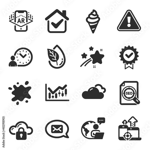 Set of Business icons, such as Augmented reality, Ice cream, Organic product symbols. Messenger, Financial diagram, Cloud protection signs. Seo file, Dirty spot, Cloudy weather flat icons. Vector