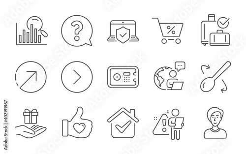 Search, Laptop insurance and Direction line icons set. Baggage reclaim, Cooking spoon and Forward signs. Question mark, Loyalty program and Special offer symbols. Line icons set. Vector