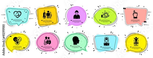 People icons set. Speech bubble offer banners. Vector coupon badge. Included icon as Oculist doctor, Head, Medical vaccination signs. Engineer, Winner podium, Communication symbols. Vector