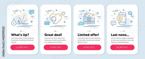 Set of Holidays icons, such as Hotel, Ice cream, Fireworks symbols. Mobile screen app banners. Weather phone line icons. Travel, Sundae cone, Pyrotechnic salute. Travel device. Hotel icons. Vector