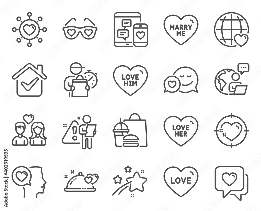 Love icons set. Included icon as Love him, Love, Social media signs. Romantic talk, Heart, Dating network symbols. Heart target, Dating, Marry me. Romantic dinner line icons. Line icons set. Vector