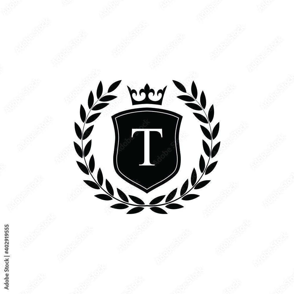 Letter T laurel wreath template logo Luxury shield letter with crown. Monogram alphabet . Beautiful royal initials letter. Letter T laurel wreath template logo Luxury shield letter with crown. Monogram alphabet . Beautiful royal initials letter.