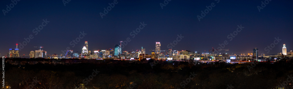 Large Panorama of Downtown Austin At Night Time with Clear Skies