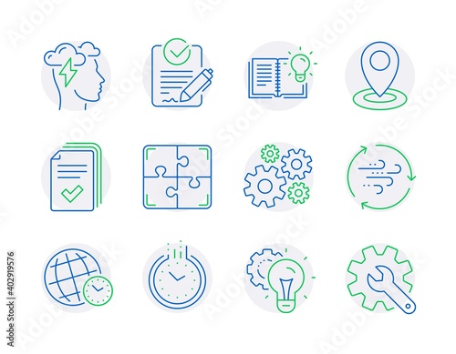 Science icons set. Included icon as Time zone, Time, Wind energy signs. Location, Handout, Idea gear symbols. Product knowledge, Rfp, Mindfulness stress. Cogwheel, Puzzle, Customisation. Vector