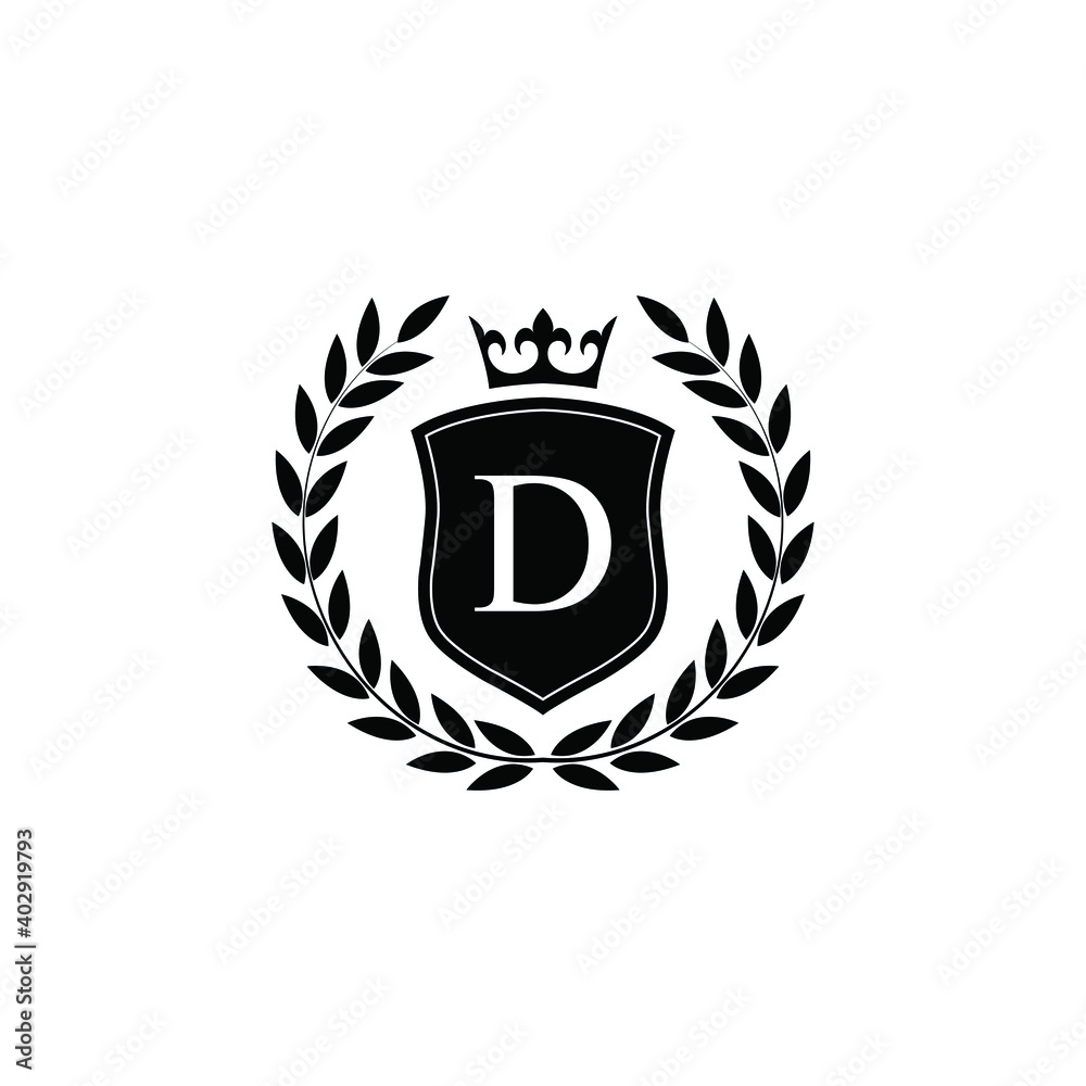 Letter D laurel wreath template logo Luxury shield letter with crown. Monogram alphabet . Beautiful royal initials letter. Letter D laurel wreath template logo Luxury shield letter with crown. Monogram alphabet . Beautiful royal initials letter.