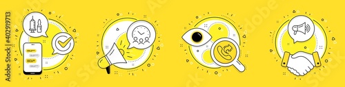 Share call, Medical vaccination and Meeting time line icons set. Cell phone, megaphone and deal vector icons. Megaphone sign. Phone support, Syringe vaccine, Conference hours. Advertisement. Vector