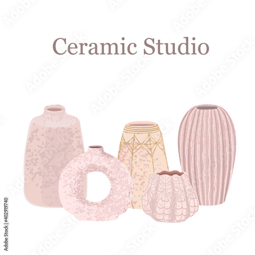 Vector colorful illustration of ceramic vases collection isolated on white. Ceramic studio. Use as element for design print advertising, poster, banner, Social Media post, invitation, graphic design