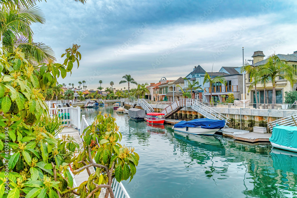 Splendid canal view with boats and docks in Long Beach California neighborhood