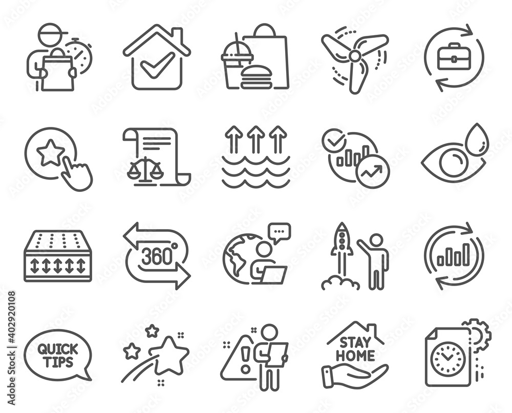 Line icons set. Included icon as Stay home, Evaporation, Project deadline signs. Update data, Loyalty star, Launch project symbols. 360 degree, Eye drops, Statistics. Flexible mattress. Vector