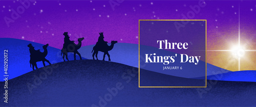 Three Kings’ Day - trzej królowie na wielbłądach, 6 stycznia, epifania, grafika, napisy angielskie 