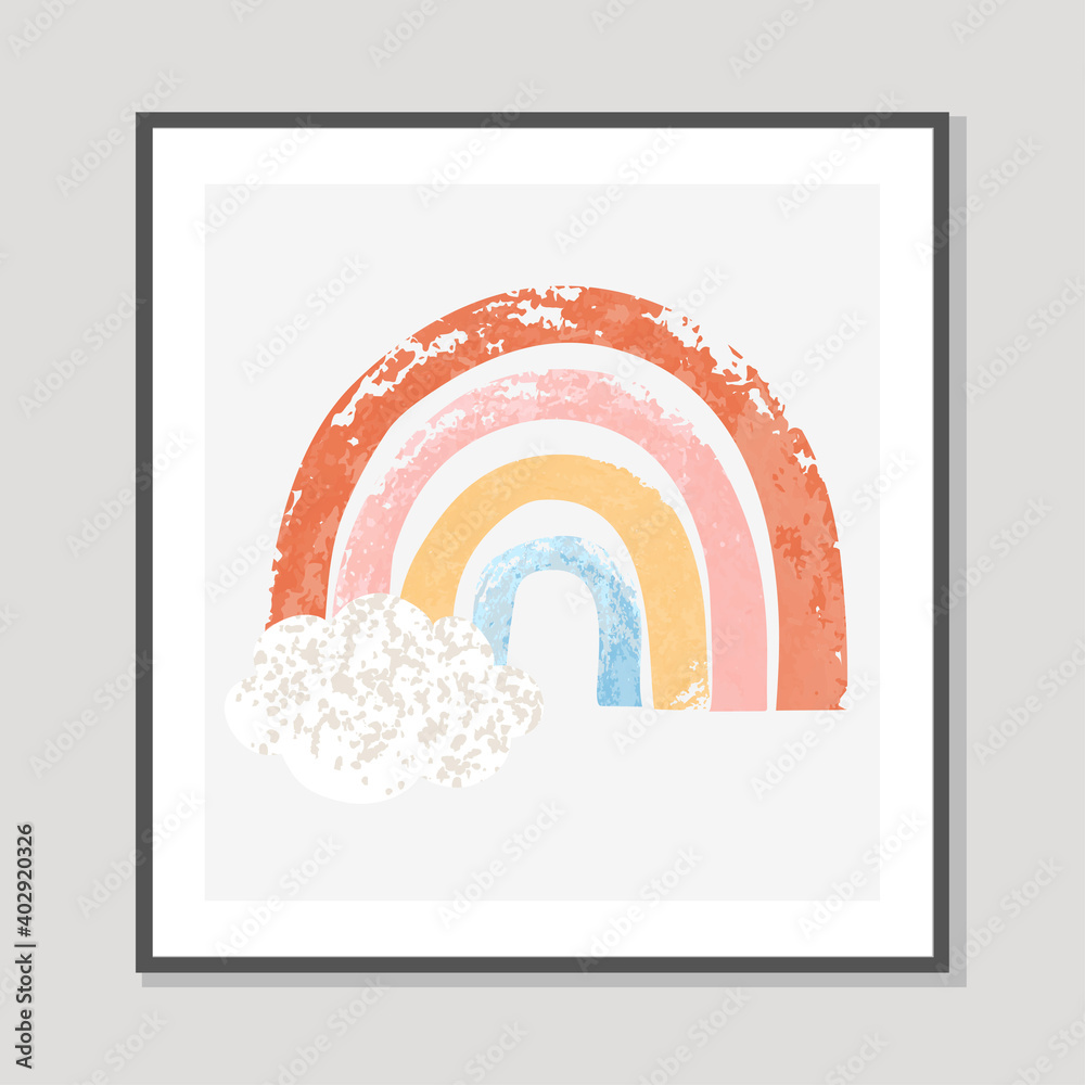 Obraz premium Vector colorful hand drawn illustration of rainbow in cartoon scandinavian style isolated on white background for kids. For design poster, card, banner, t-shirt print, invitation, greeting card