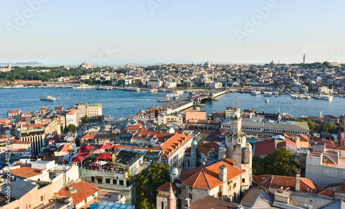 Panoramic view  of Golden Horn with Blue Mosque, Hagia Sophia and  Karakoy bridge from Galata tower, Istanbul, Turkey