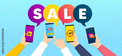 Sale 30 percent, Sale and Special offer promo label set. Banner with mobile phones in hands. Discount bubble, Offer sticker, Banner shape. Discount tag. Promotional tag set. Vector