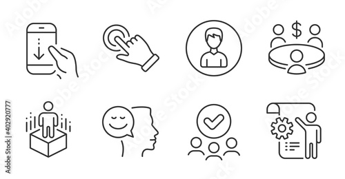 Meeting, Augmented reality and Person line icons set. Touchscreen gesture, Settings blueprint and Approved group signs. Scroll down, Good mood symbols. Quality line icons. Meeting badge. Vector