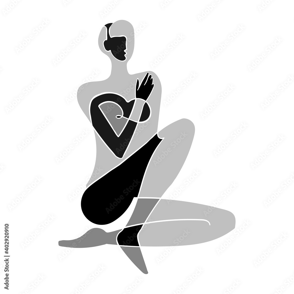 Vector black and white illustration of woman body silhouette. One line drawing isolated on white background. Use it for design card, poster, banner, social Media post, fashion print, beaty salon logo