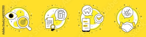 Snow weather, Target purpose and Medical analyzes line icons set. Licence, cell phone and deal vector icons. Anti-dandruff flakes sign. Snowflake, Business focus, Medicine results. Vector