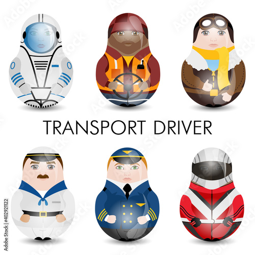 Modern kawaii dolls for your business project. Multiracial. Various transport drivers.