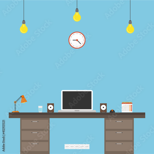 Flat style design vector illustration work place home interior. Vector illustration.