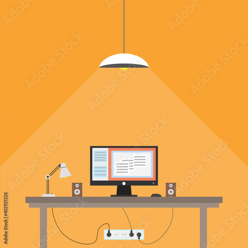 Flat style design vector illustration work place home interior. Vector illustration.