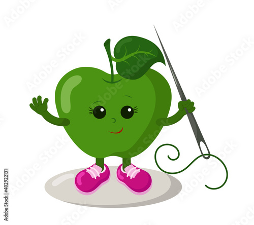 Funny smiling cute kawaii apple with sneakers holding sewing needle. Colored isolated vector illustration in flat design with shadows	