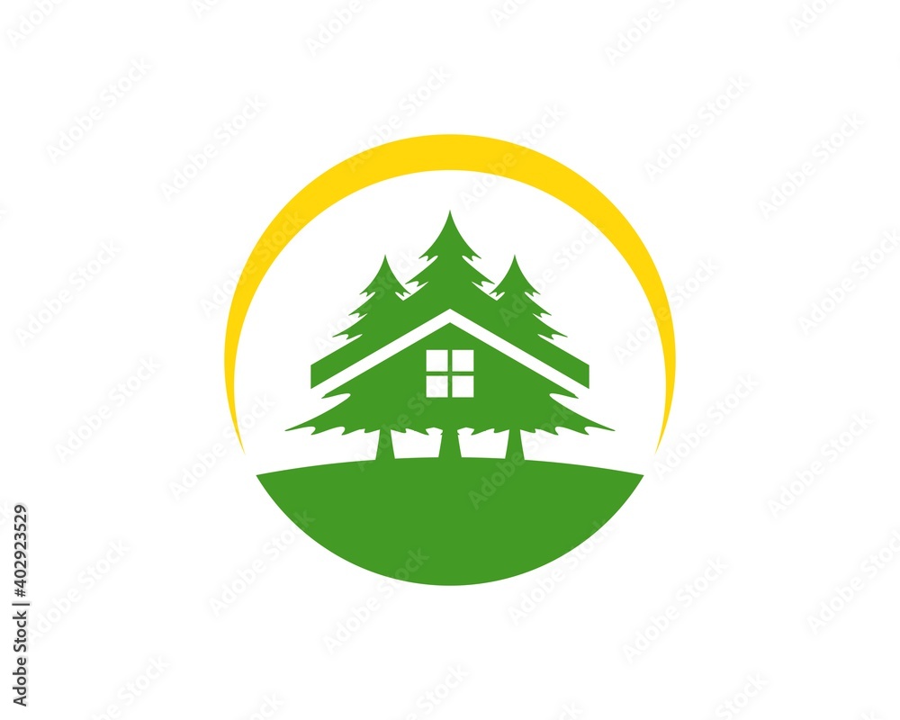Simple pine tree house with yellow swoosh Simple pine tree house with yellow swoosh