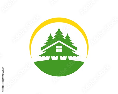 Simple pine tree house with yellow swoosh