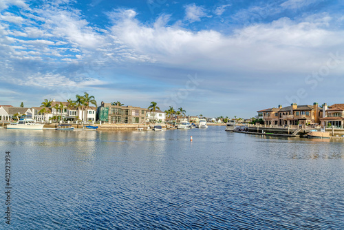 Panoramic view of the sea with waterfront homes in Huntington Beach California