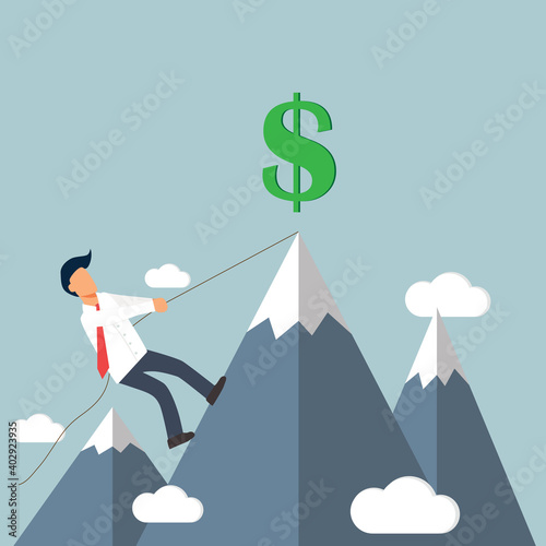 Businessman climbs to the top of a mountain using a rope to the dollar sign. Economy and business concept. Flat style vector illustration