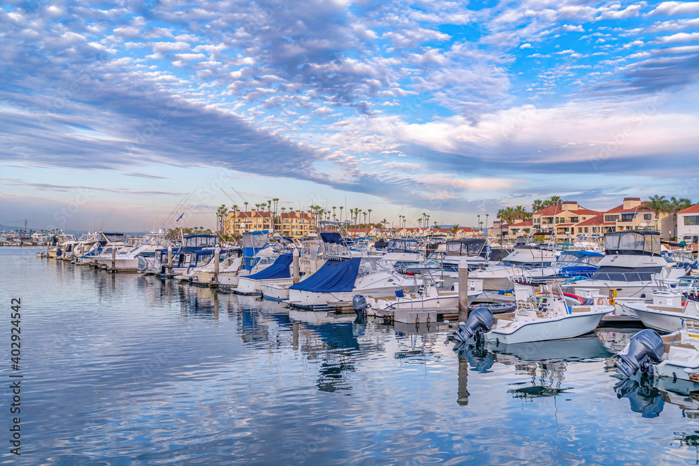 Magnificent view of harbor in Huntington Beach California with waterfront homes