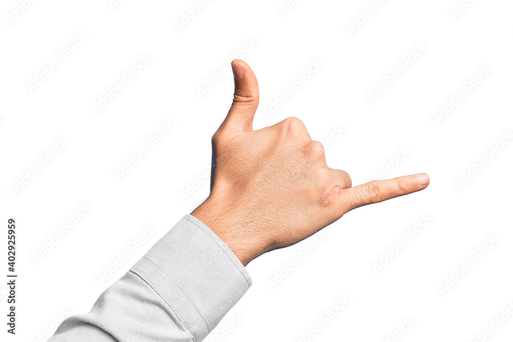 Hand of caucasian young man showing fingers over isolated white background gesturing Hawaiian shaka greeting gesture, telephone and communication symbol Hand of caucasian young man showing fingers over isolated white background gesturing Hawaiian shaka greeting gesture, telephone and communication symbol