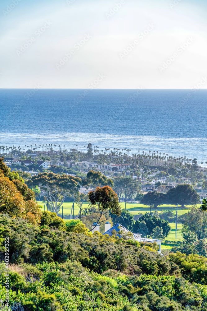 Mountain and coast in San Diego California overlooking the ocean and bright sky