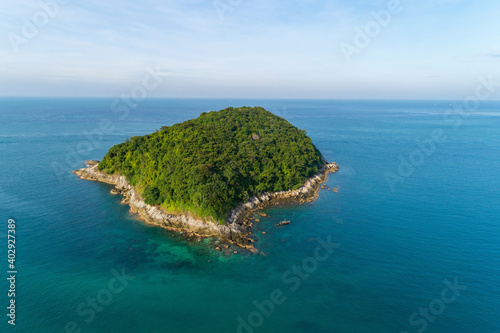 Aerial drone top down photo of beautiful small island in Phuket Thailand,Amazing archipelago around Phuket Island