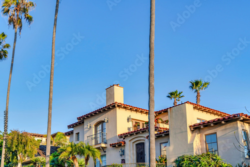 House against clear blue sky in coastal neighborhood of San Diego California