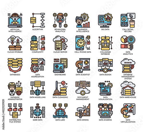 Set of Big data thin line and pixel perfect icons for any web and app project.