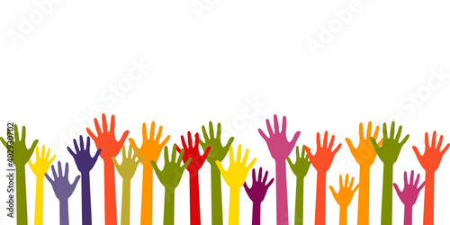 Colorful raised hands group art therapy vector illustration.