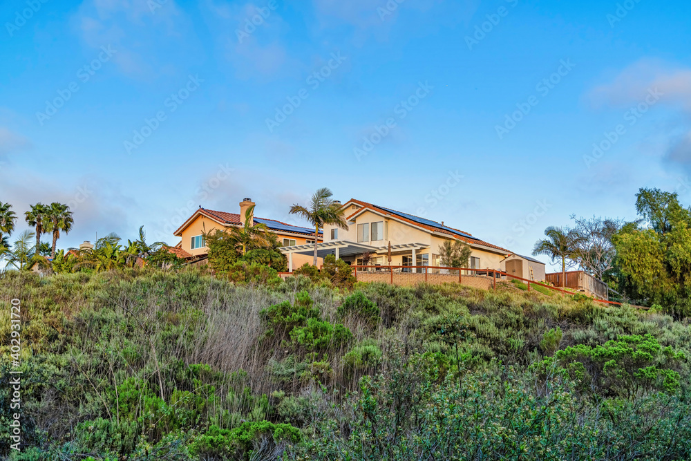Houses with blue sky background amid green tree foliage in San Diego California Houses with blue sky background amid green tree foliage in San Diego California
