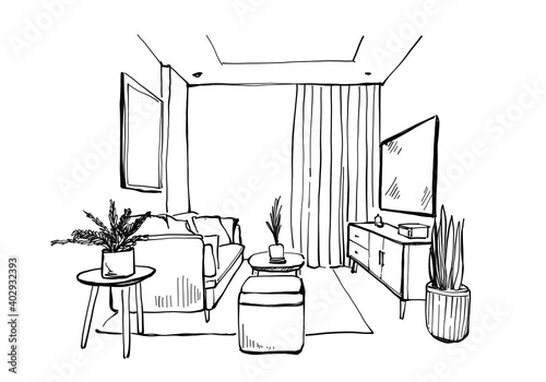 Hand drawn sketch interior living room modern style - Illustration.