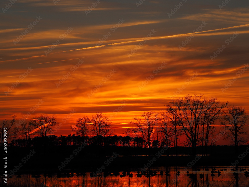 dramatic winter sunset over waterfowl pong on Chesapeake Bay