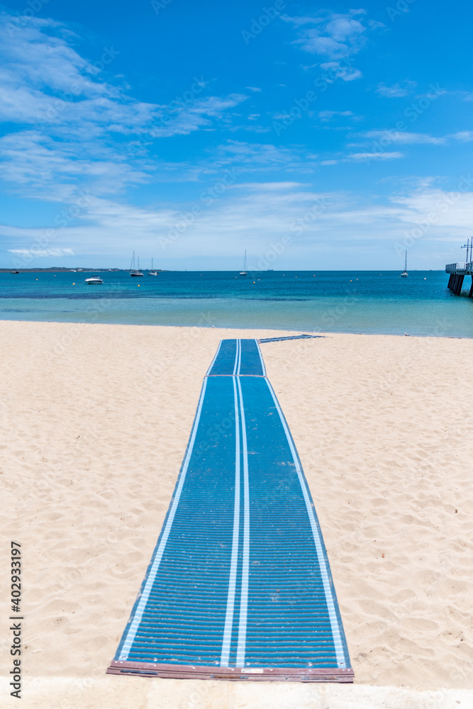 Rockingham, WA / Australia - 12/20/2019 Wheelchair access to the beach at Palm beach, Mangles Bay