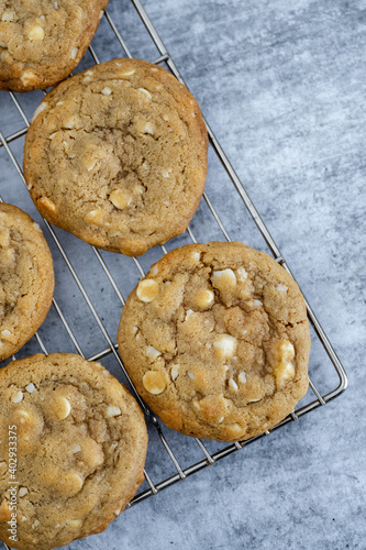 Macadamia white chocolate chip cookies close up on a cooling rack and concrete background