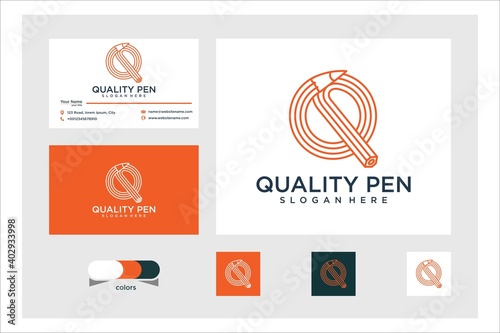 quality pen logo design with line style and business card