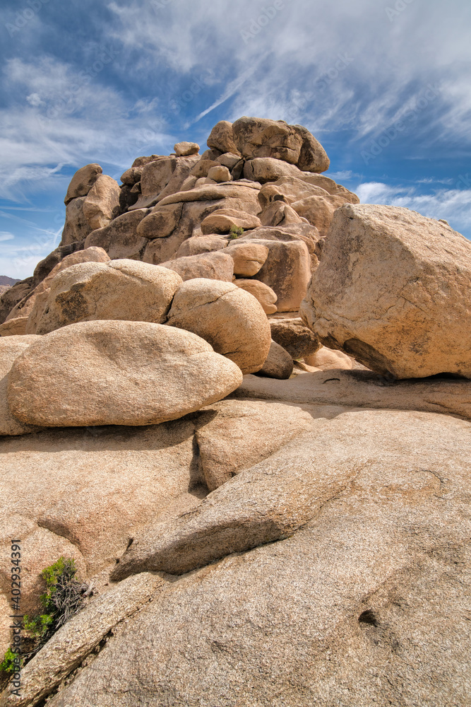 Huge rocks forming a mountain in the desert of Joshua Tree National Park