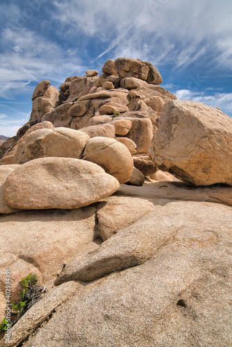 Huge rocks forming a mountain in the desert of Joshua Tree National Park